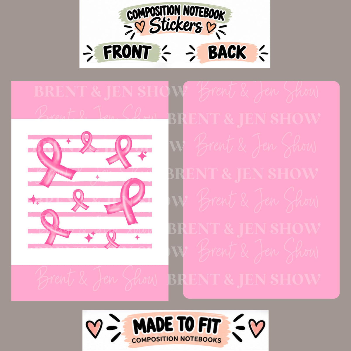 Pink Ribbon, Breast Cancer Awareness Composition Notebook Cover Stickers, Vinyl Front Back Set