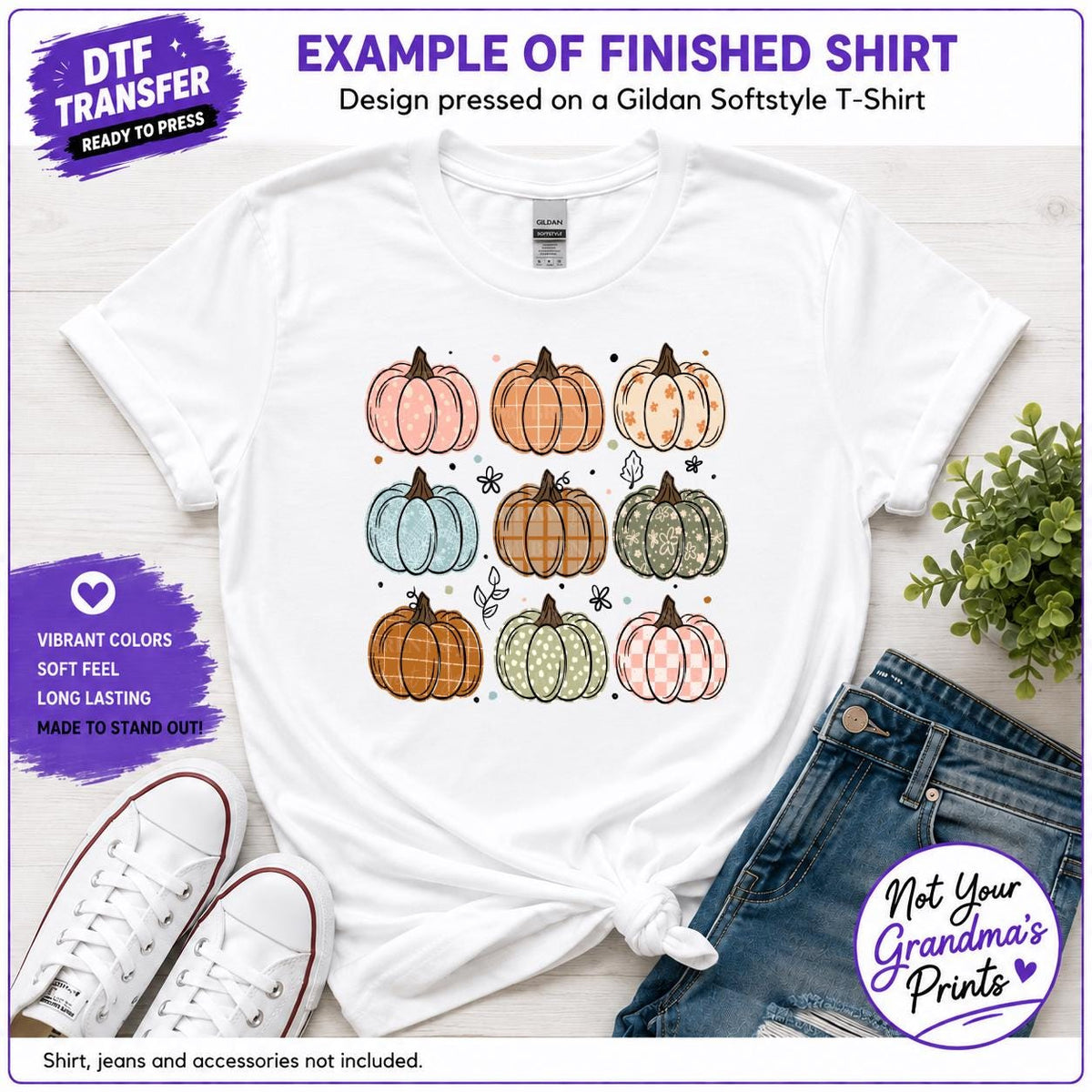 Patterned Pumpkins DTF Transfer: Floral, Plaid, Check Prints (Ready-to-Press)