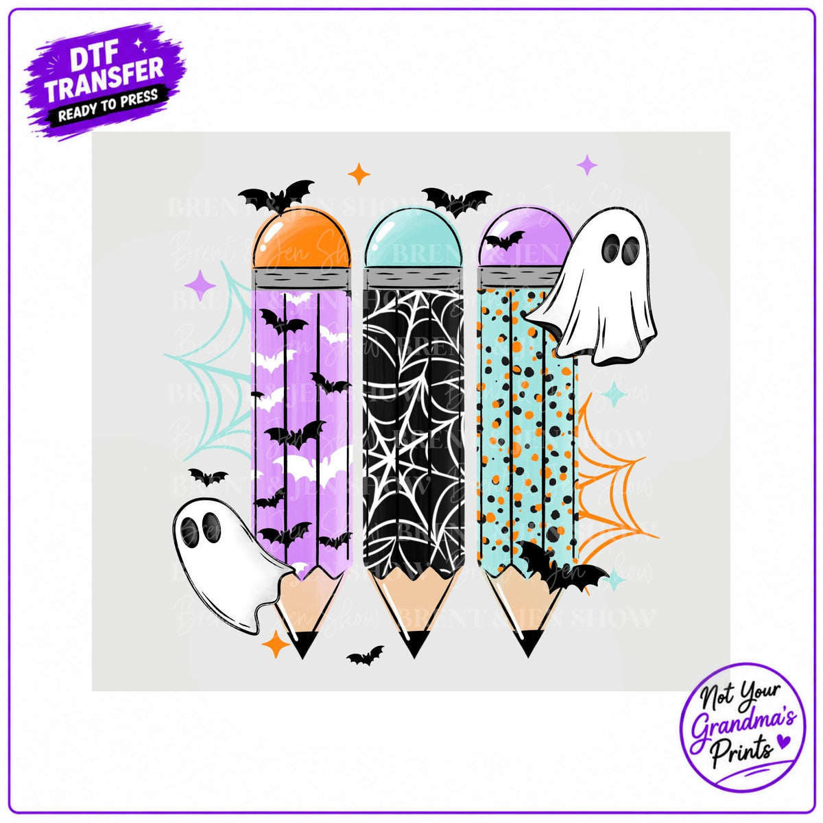 Halloween Pencil DTF Transfer: Ghosts, Bats, Spiders (Ready-to-Press)