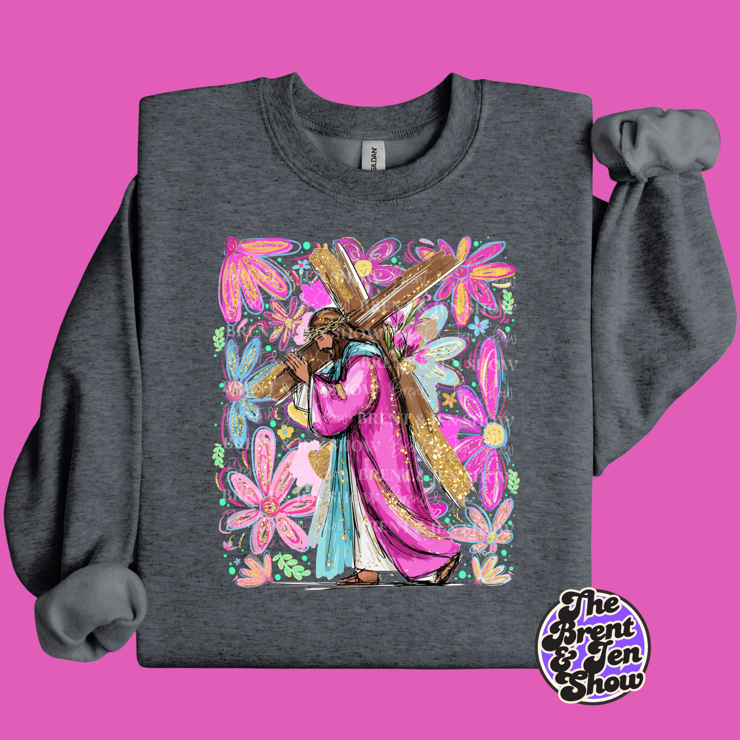 Jesus Carrying The Cross Floral Sweat Shirt