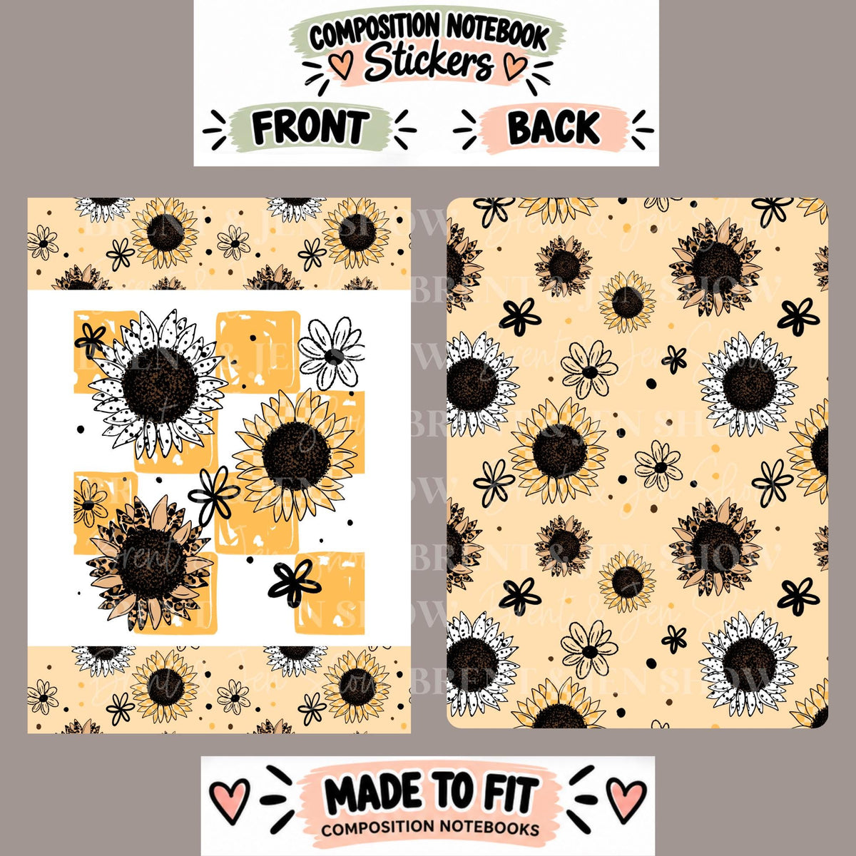 Sunflower Floral Composition Notebook Cover Stickers, Vinyl Front Back Set