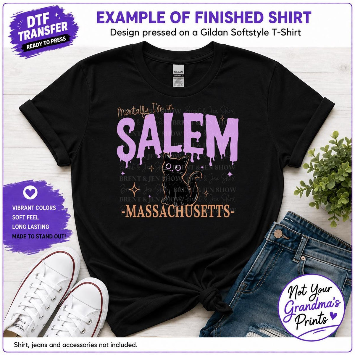 Mentally I'm in Salem DTF Transfer: Black Cat, Purple Lettering (Ready-to-Press)