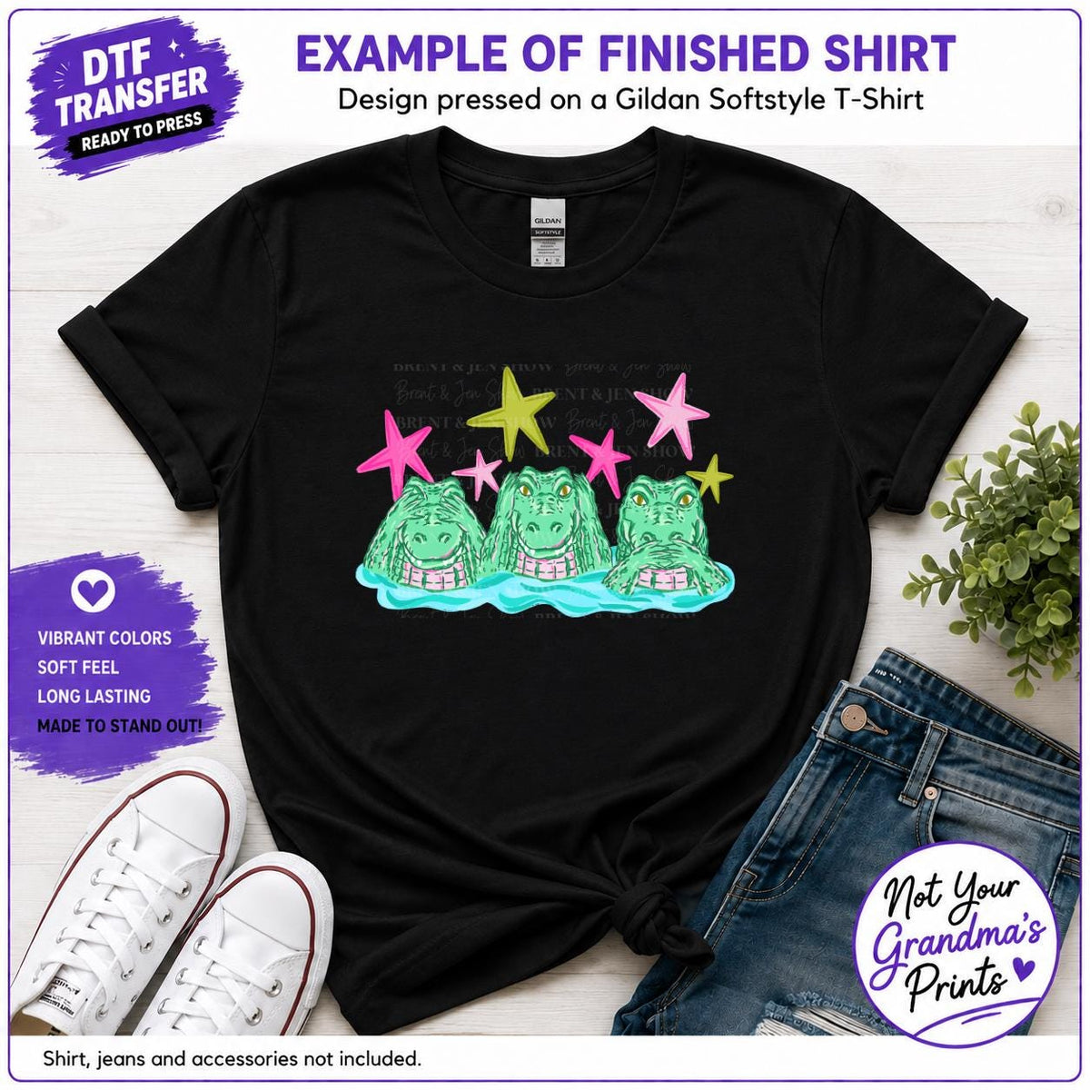 Crocodile DTF Transfer: Three Alligators Print, Colorful Gator(Ready-to-Press)