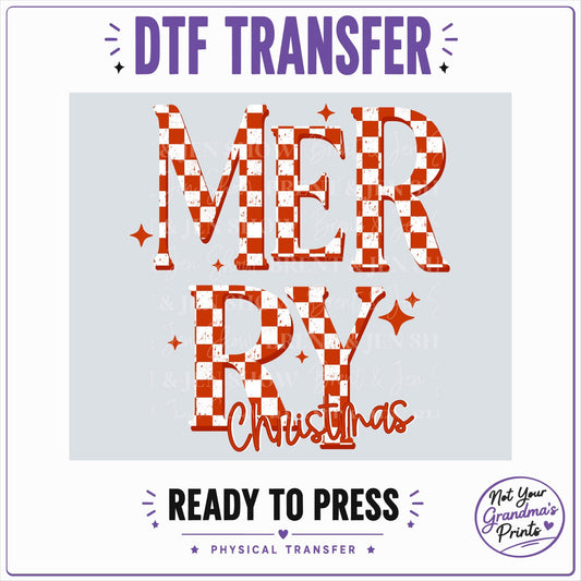 Merry Christmas DTF Transfer: Distressed Checkerboard Lettering (Ready-to-Press)