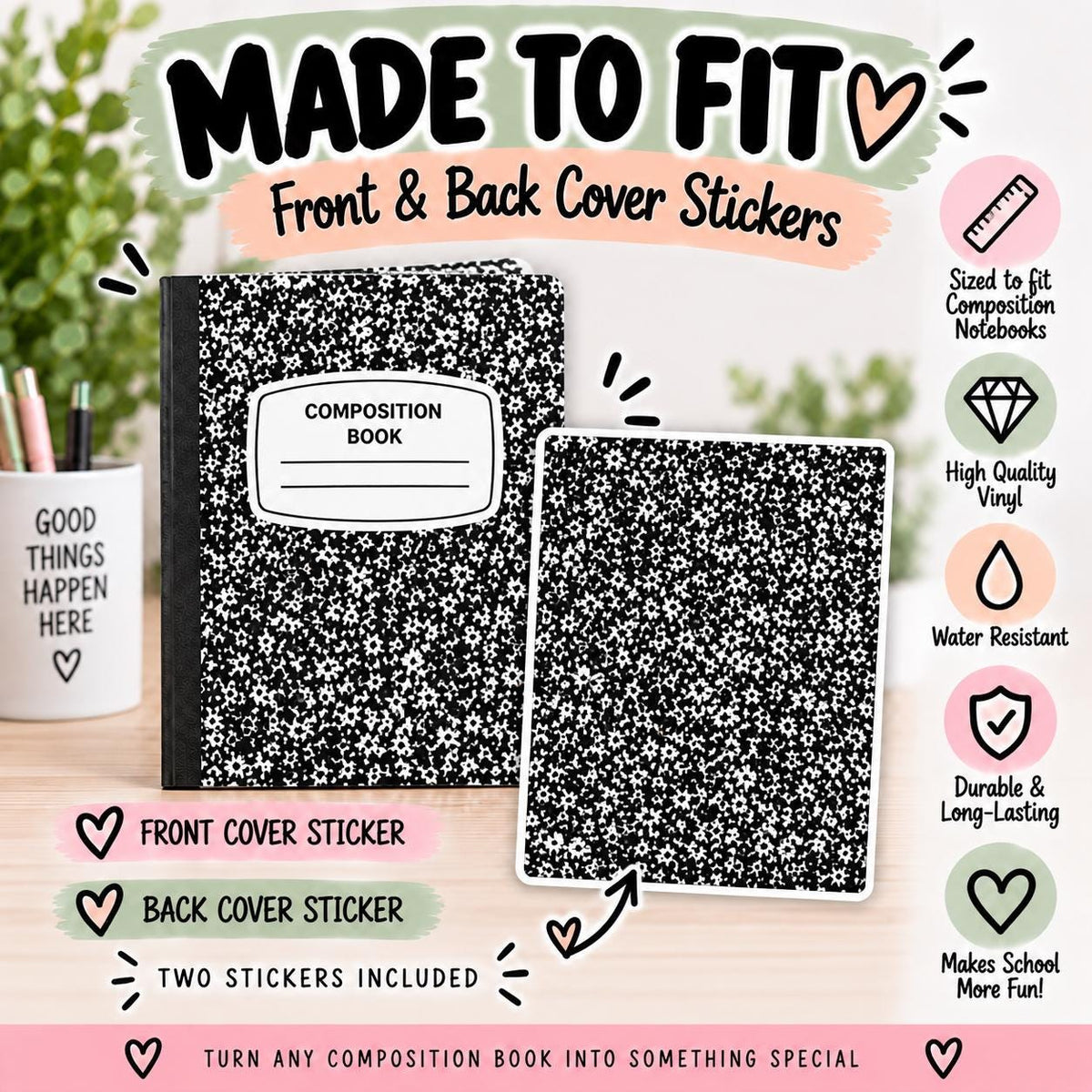 Book Worm Composition Notebook Cover Stickers, Vinyl Front Back Set