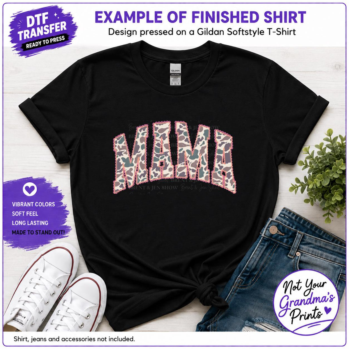Mama Camo DTF Transfer: Varsity Style, Pink Stitched Details (Ready-to-Press)