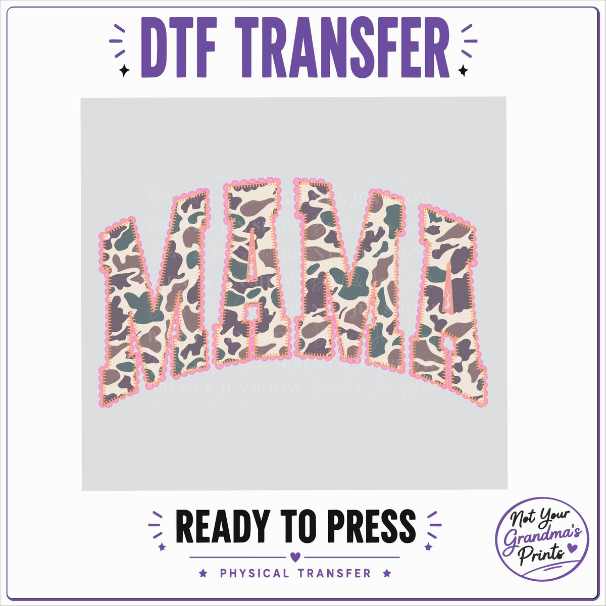 Mama Camo DTF Transfer: Varsity Style, Pink Stitched Details (Ready-to-Press)