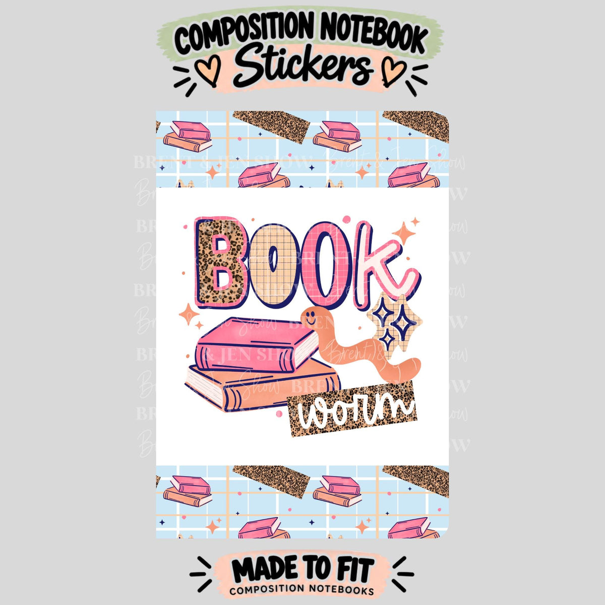 Book Worm Composition Notebook Cover Stickers, Vinyl Front Back Set